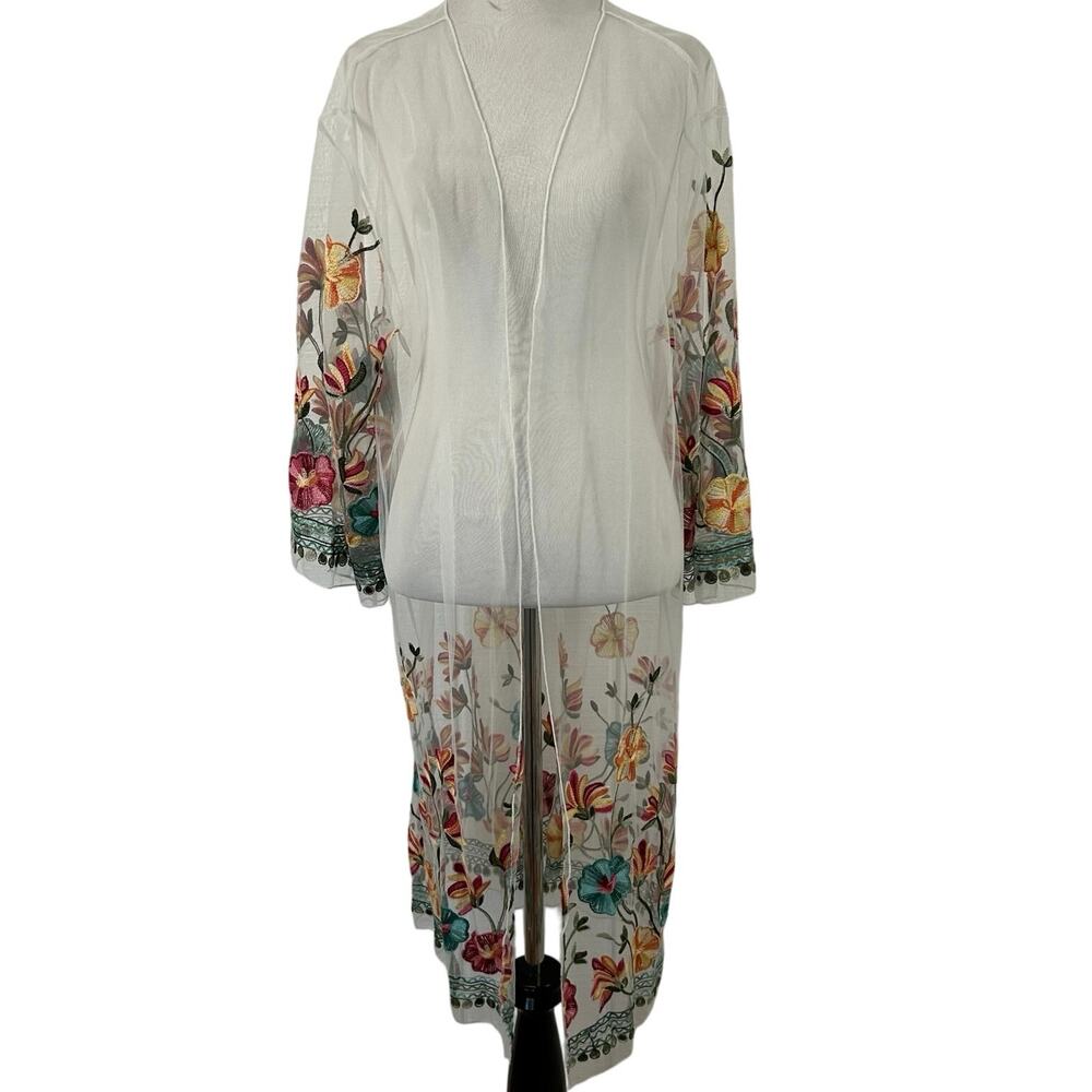 Shein Women Sheer Embroidered Boho Kimono Top White Festival Boho Fairy Size XL